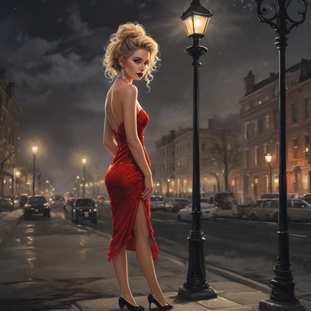 Woman in Red Dress by Lamppost: Watercolor Illustration