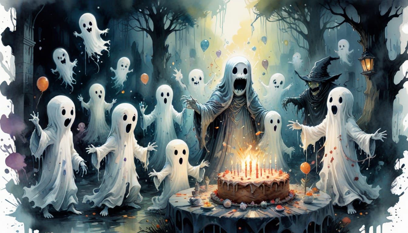 Cute Ghosts and Monsters Birthday Party Cartoon in Watercolo...