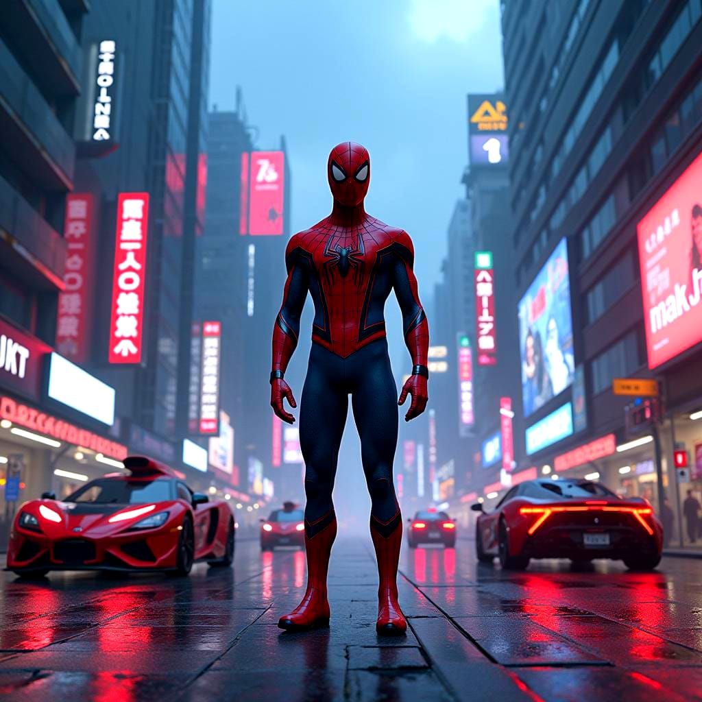 Spiderman in a Cyberpunk Anime Cityscape