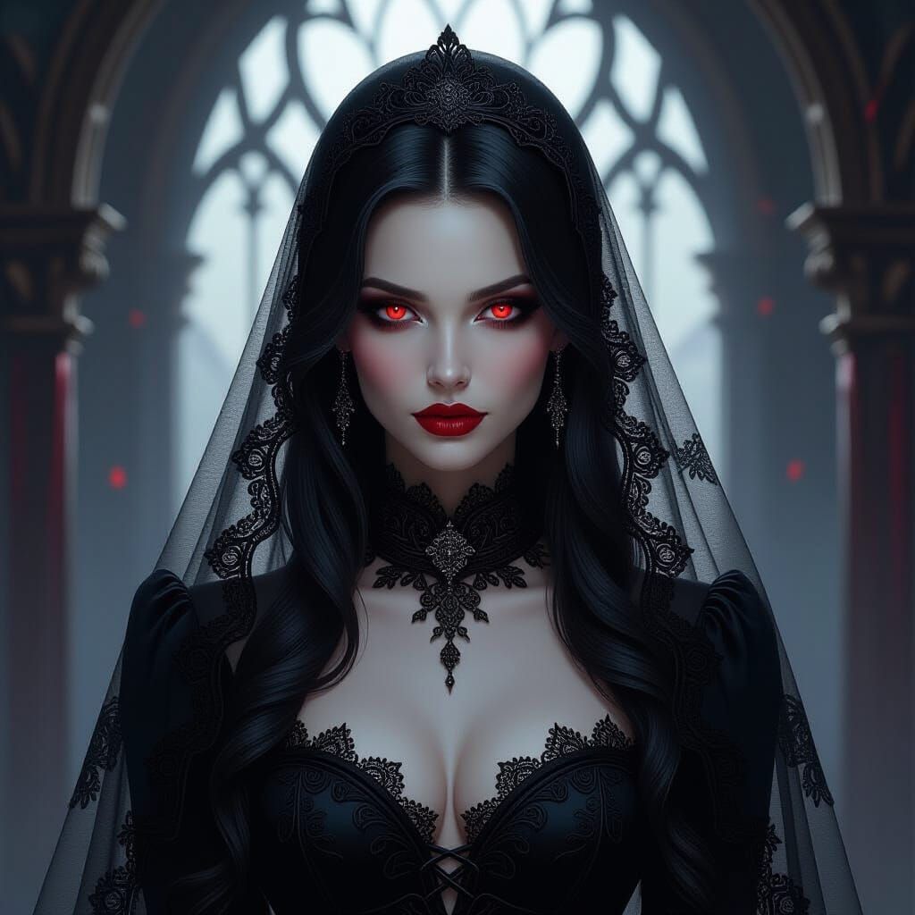Gothic Vampire Queen with Crimson Eyes and Lace Veil