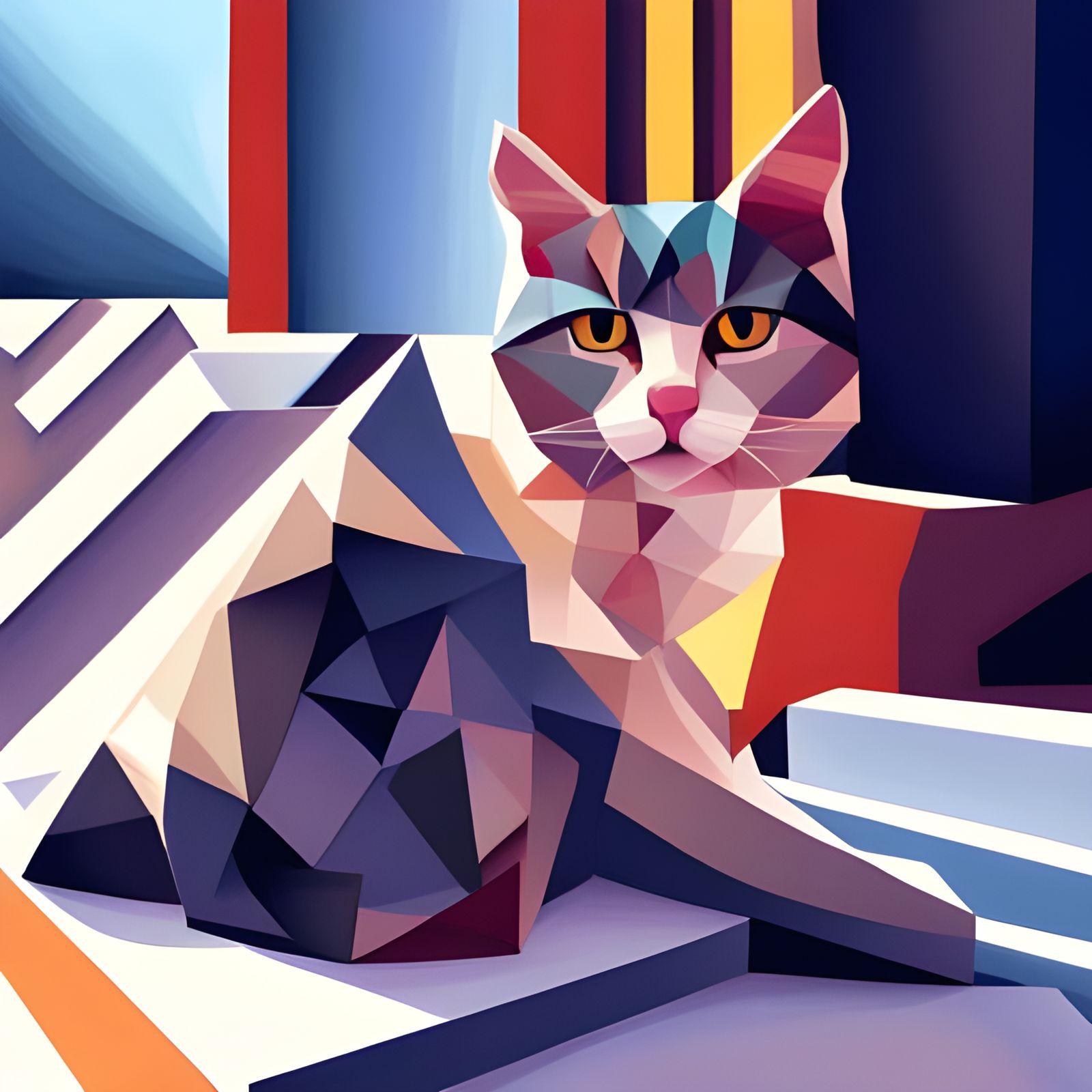 Geometric Cubist Cat in Art Deco Style