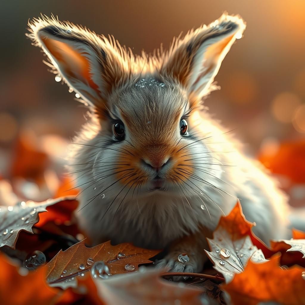 Fluffy Bunny with Dew Drops on Autumn Leaves