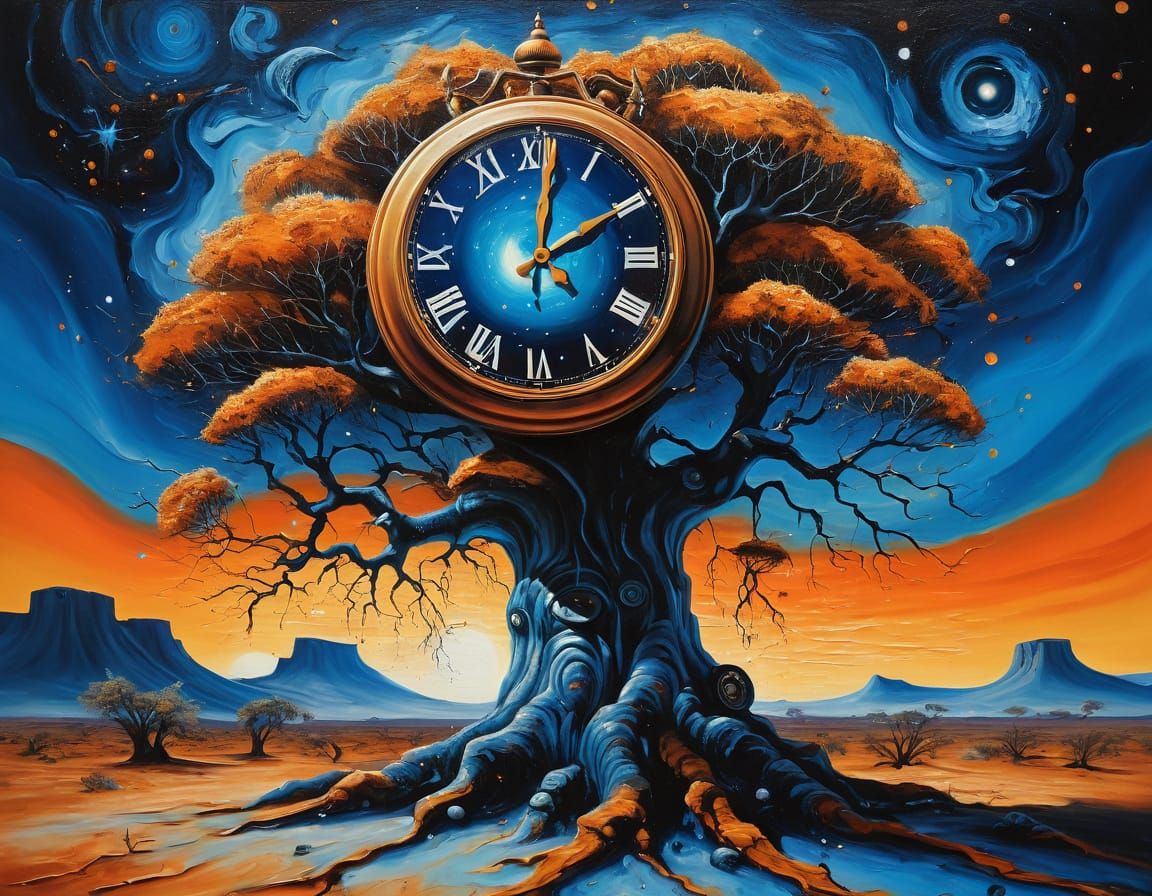Surrealist Melting Clock Over Desert Tree