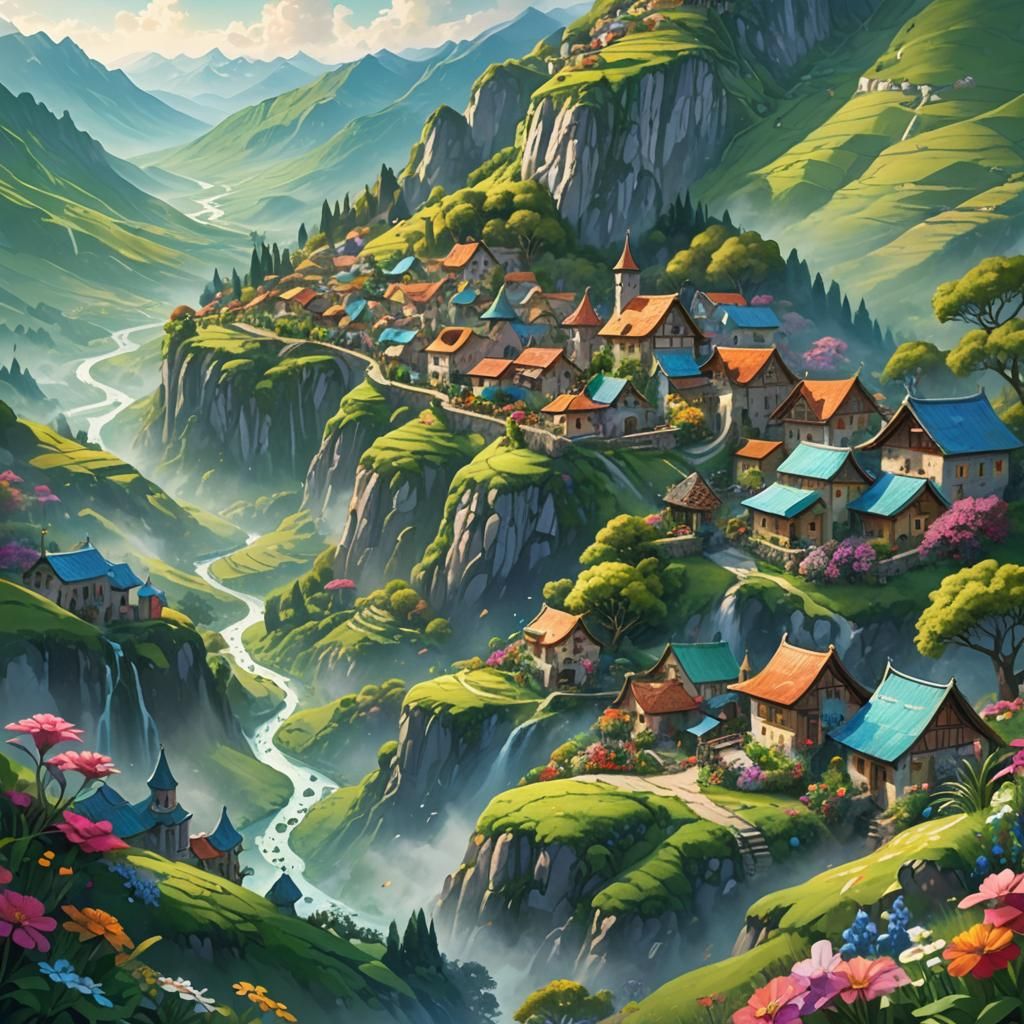 Fantasy Village Landscape with Exotic Wildlife