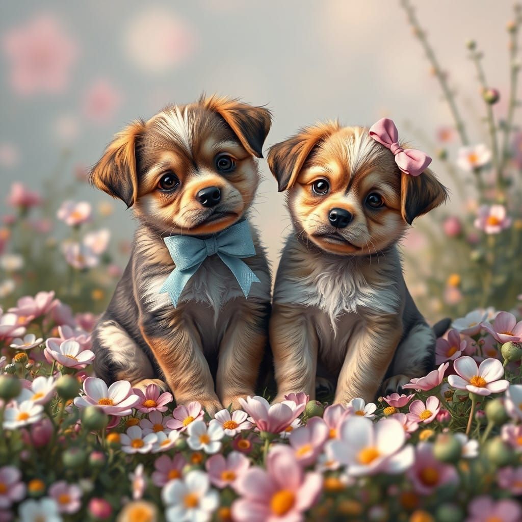 Adorable Puppies in Whimsical Floral Wonderland