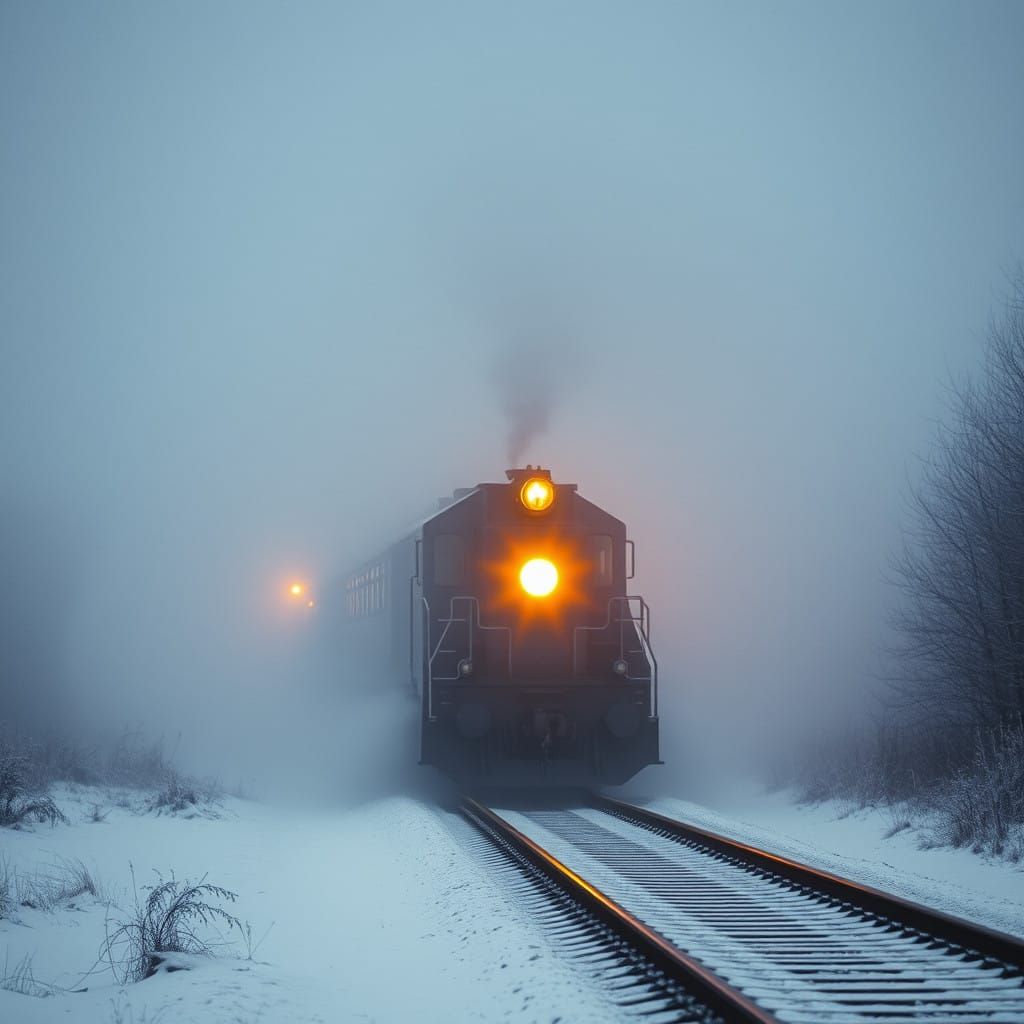 Train Emerges from Frosty Mist in Cinematic Winter Landscape