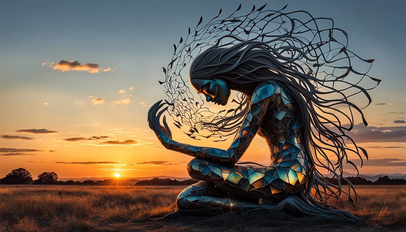 Surreal Fragmented Sculpture with Glowing Creatures and Suns...