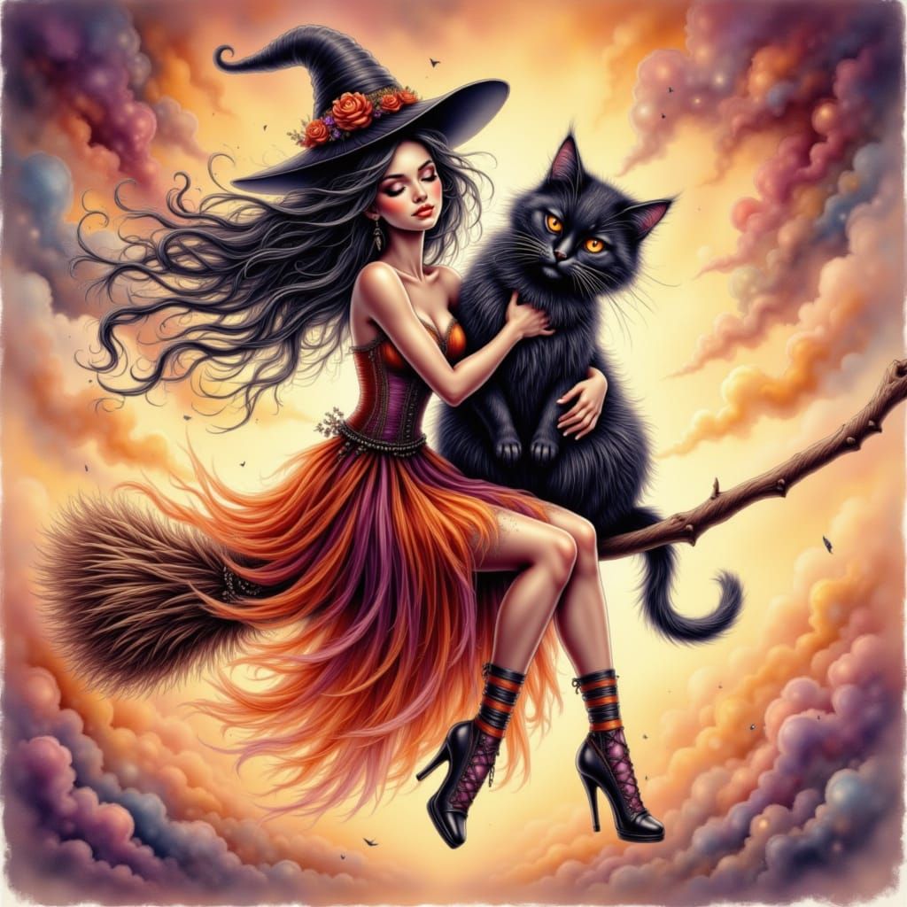 Ethereal Watercolor Portrait of a Witch in Flight