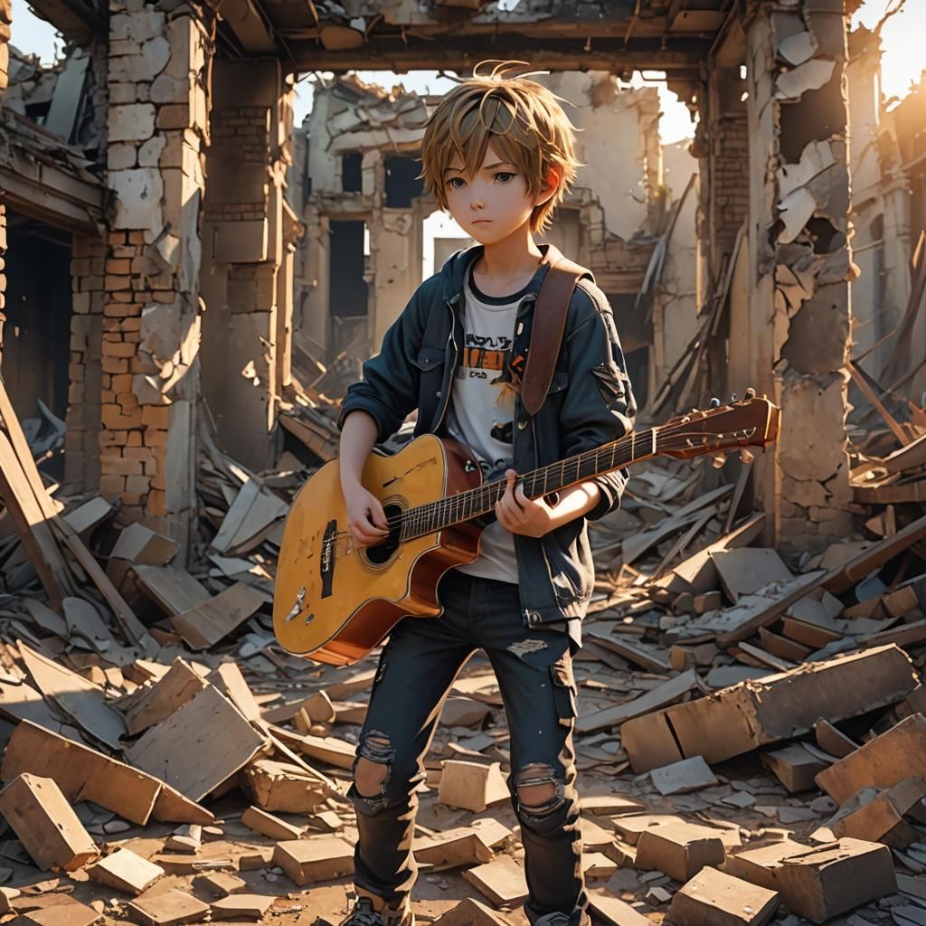 Boy with Guitar in Ruin: 3D Anime Art