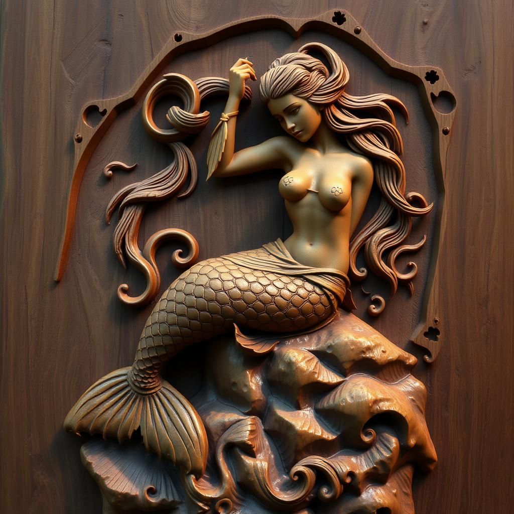 Detailed Wood Carving of a Mermaid on Rock