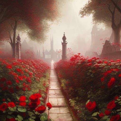 High Gothic Victorian Rose Garden in Dark Fantasy Style