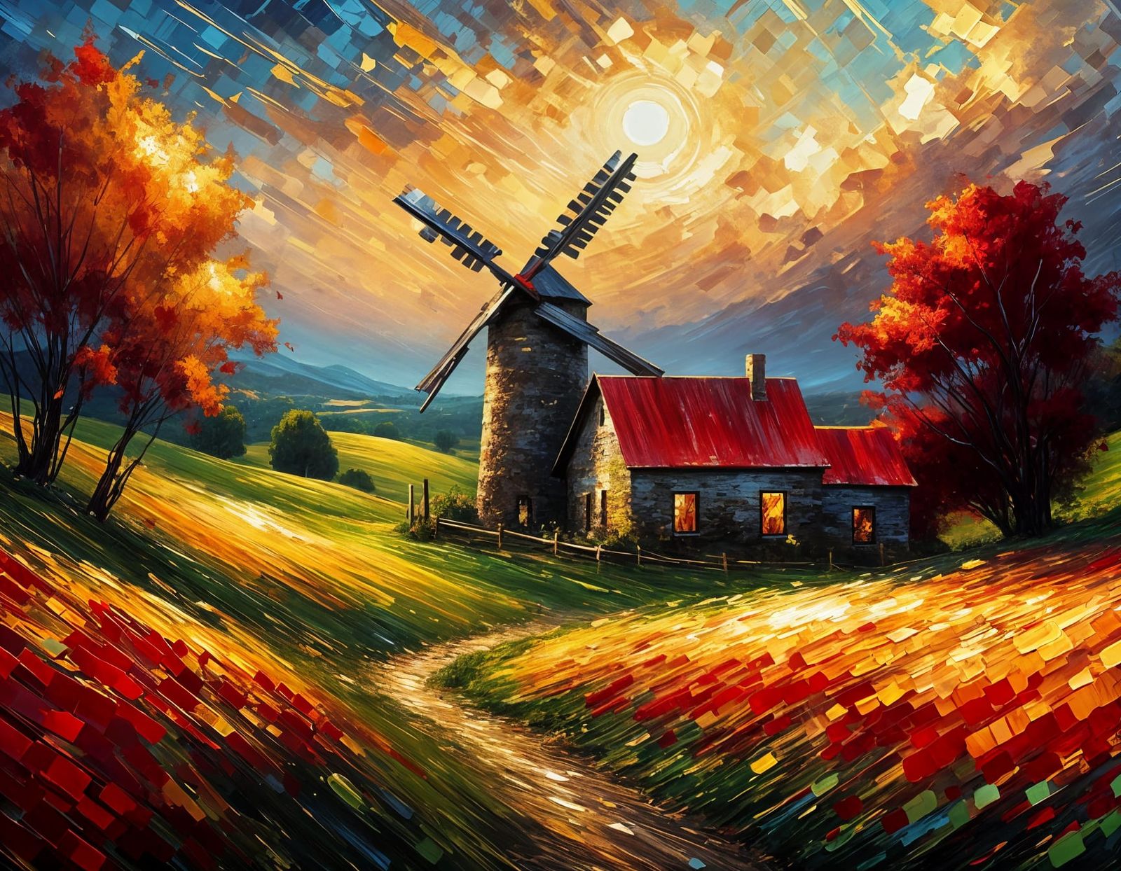 Tall Windmill in Golden Hour, Impressionist Painting