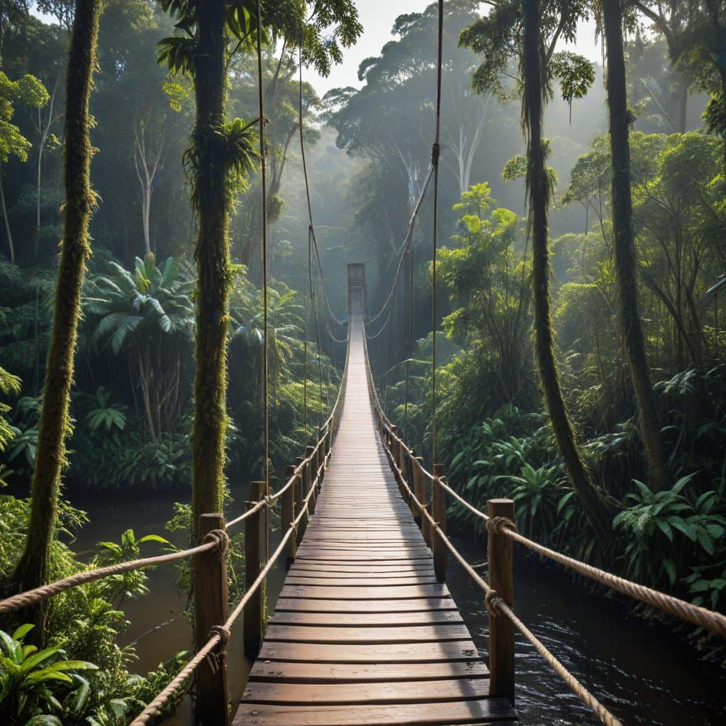 Amazonian Forest Wooden Bridge in Vibrant Greens