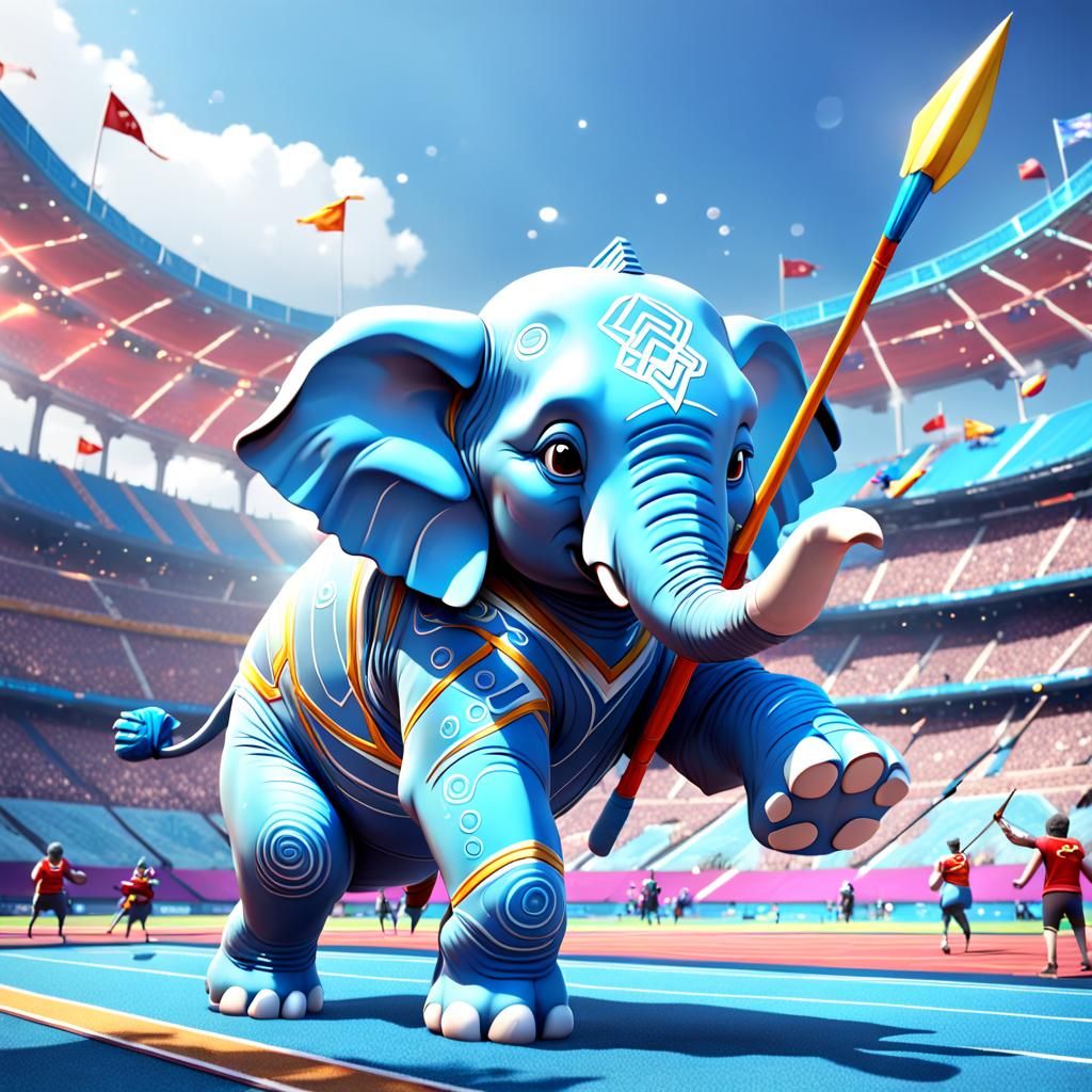 An elephant throwing a javelin in the 2024 Olympics