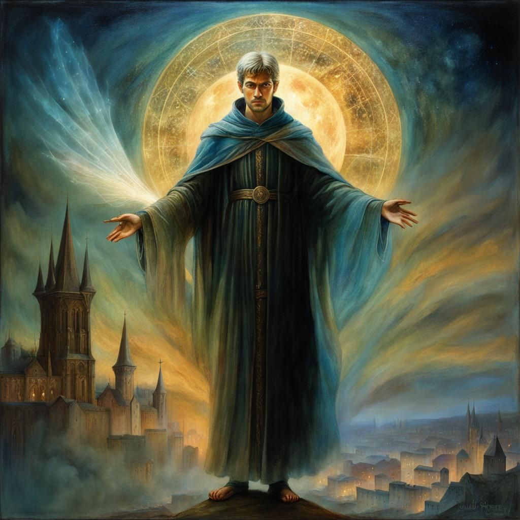 Merlin's Astral Body Over Medieval City: Oil Painting