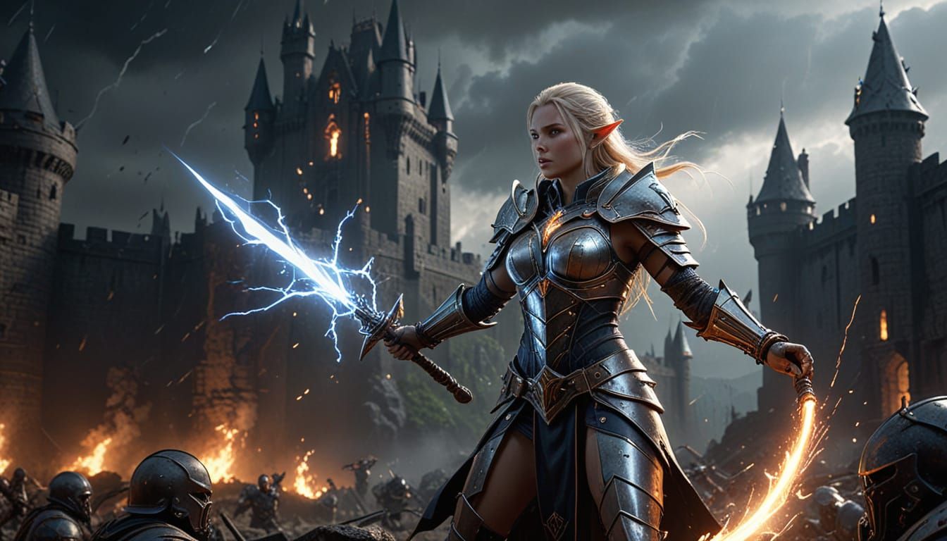 Blonde Elf Warrior Hurls Firebolts in Epic Battle Scene