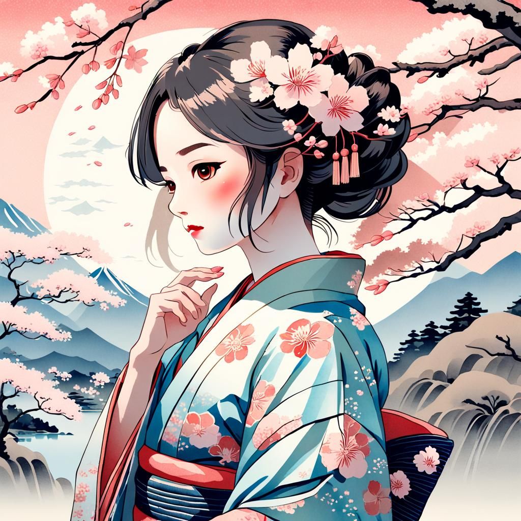 Japanese Woman in Kimono: Ukiyo-e Mirrored Beauty