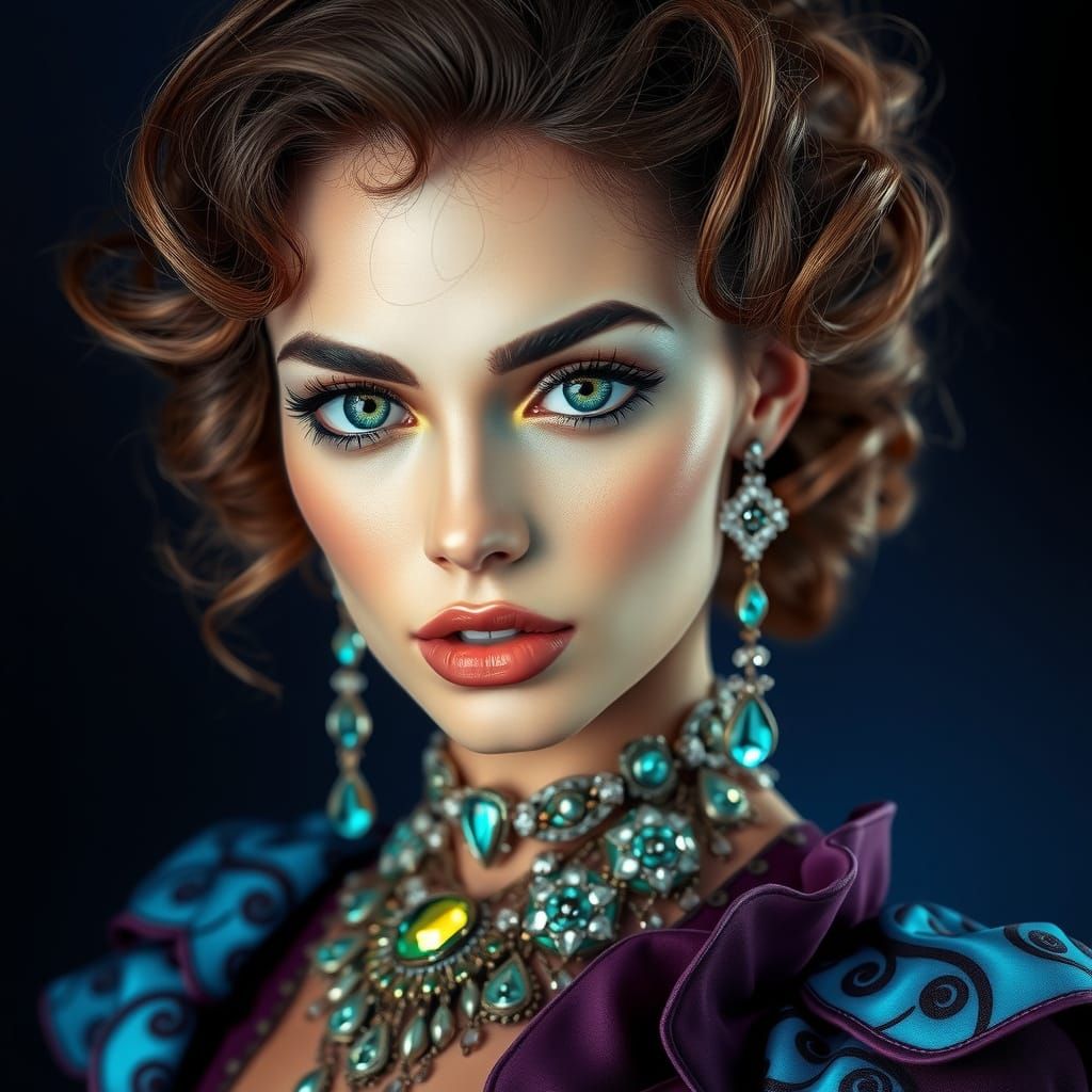 Hyperrealistic Goddess in Iridescent Gown with Futuristic Je...