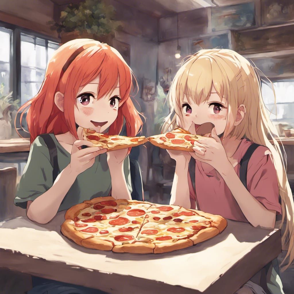 Anime Style Girls Share Pizza