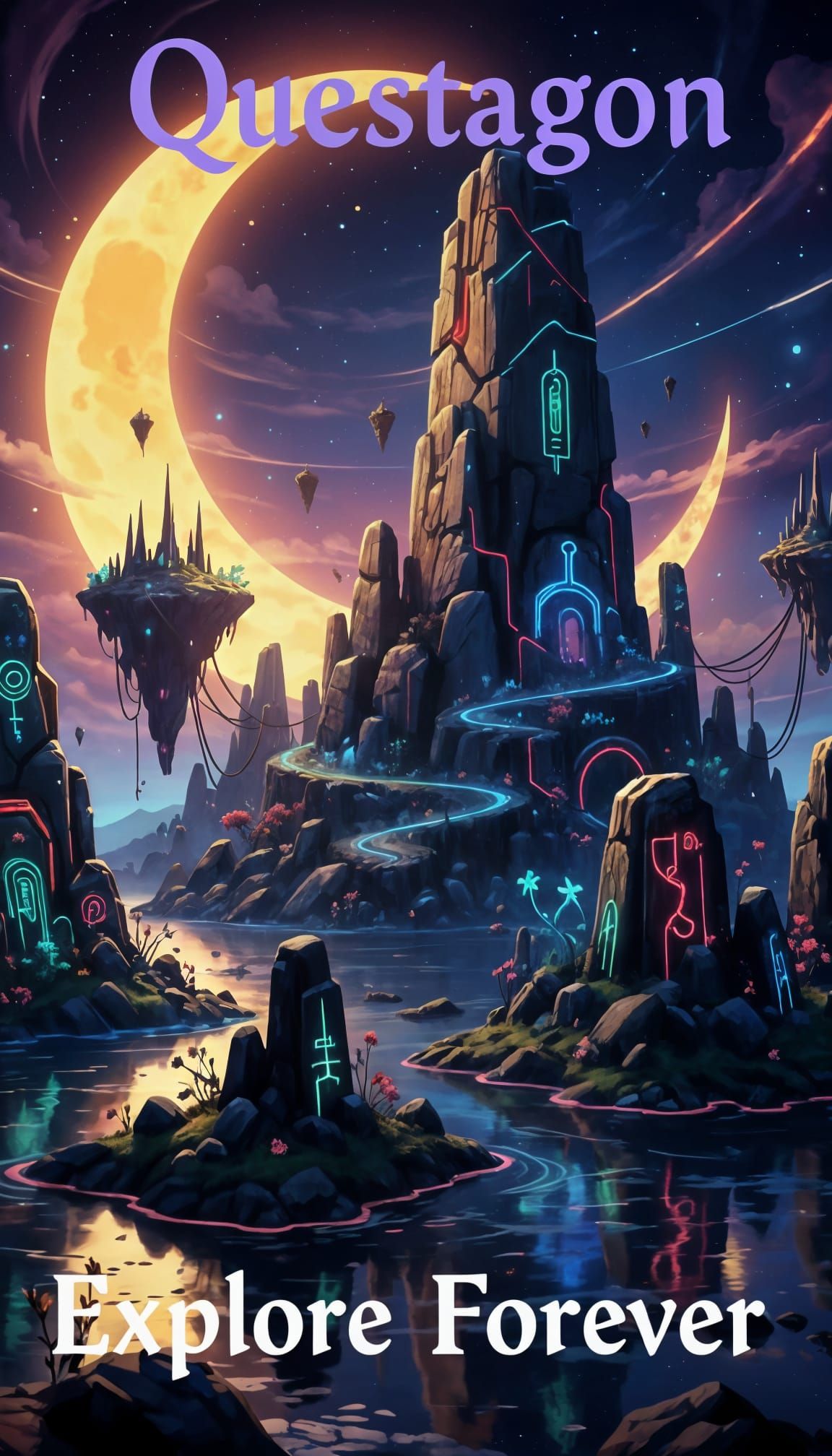 Glowing Dolmens on Island Under Yellow Moon