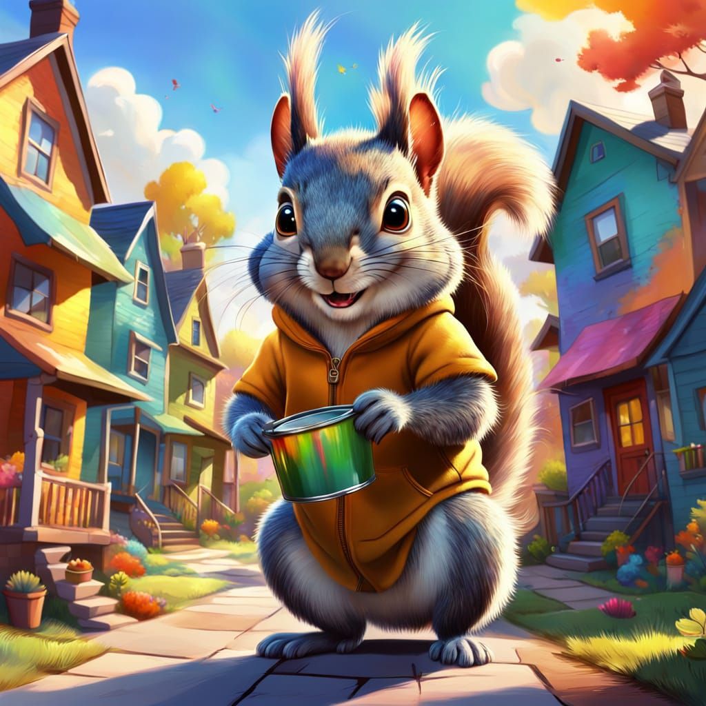 Whimsical Squirrel Paints Homes in Vibrant Oil Painting