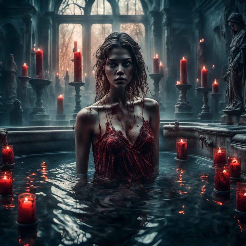 Eerie Swimming Pool Scene with Blood and Candles