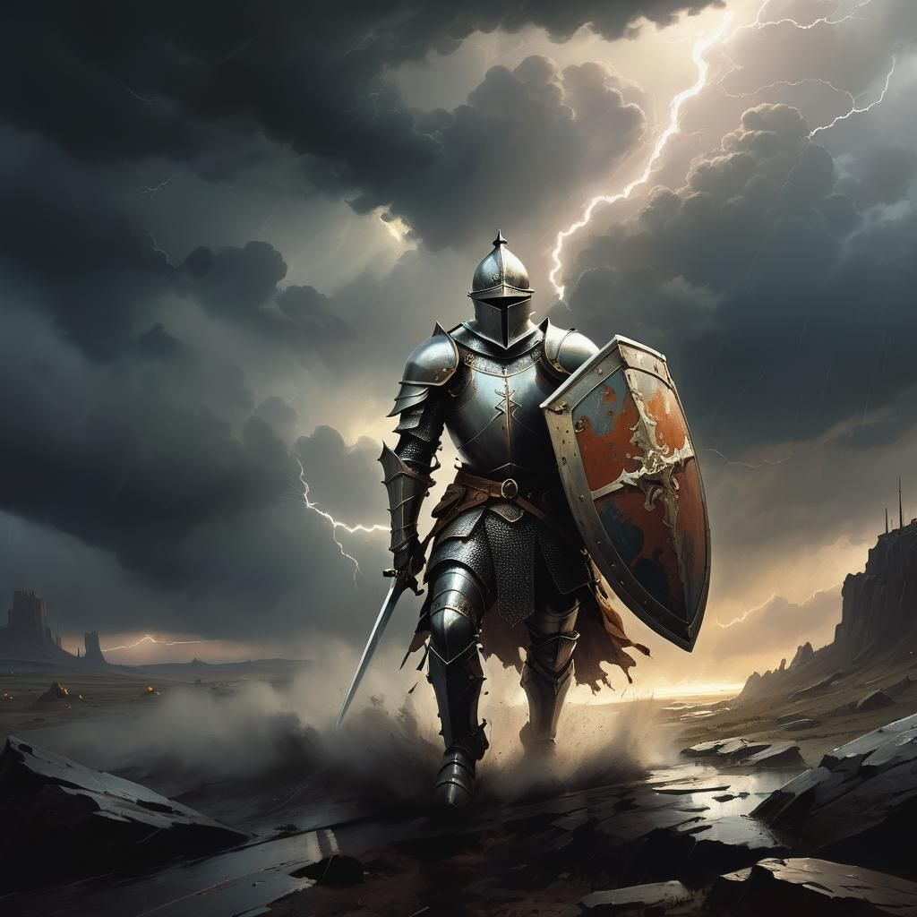 Knight Charges Through Stormy Battlefield