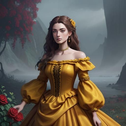 Woman in Flowing Yellow Ballgown with Roses
