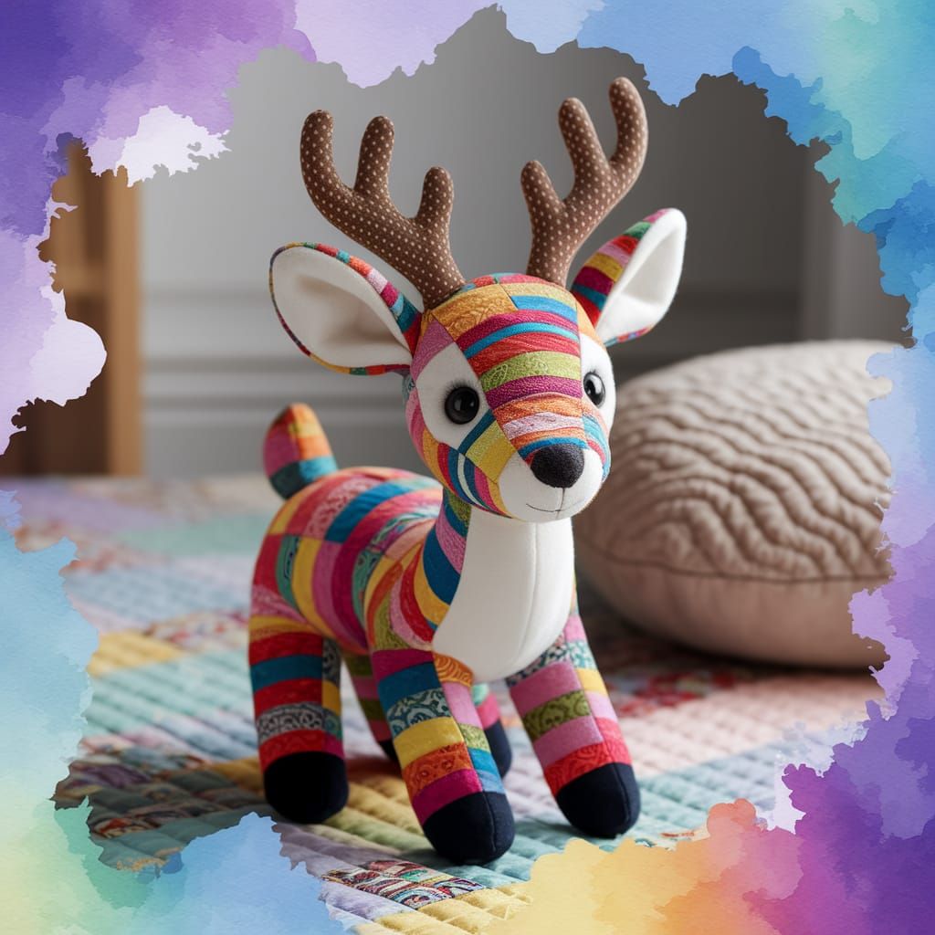 Quilted Patchwork Reindeer in Dreamy Watercolor Setting