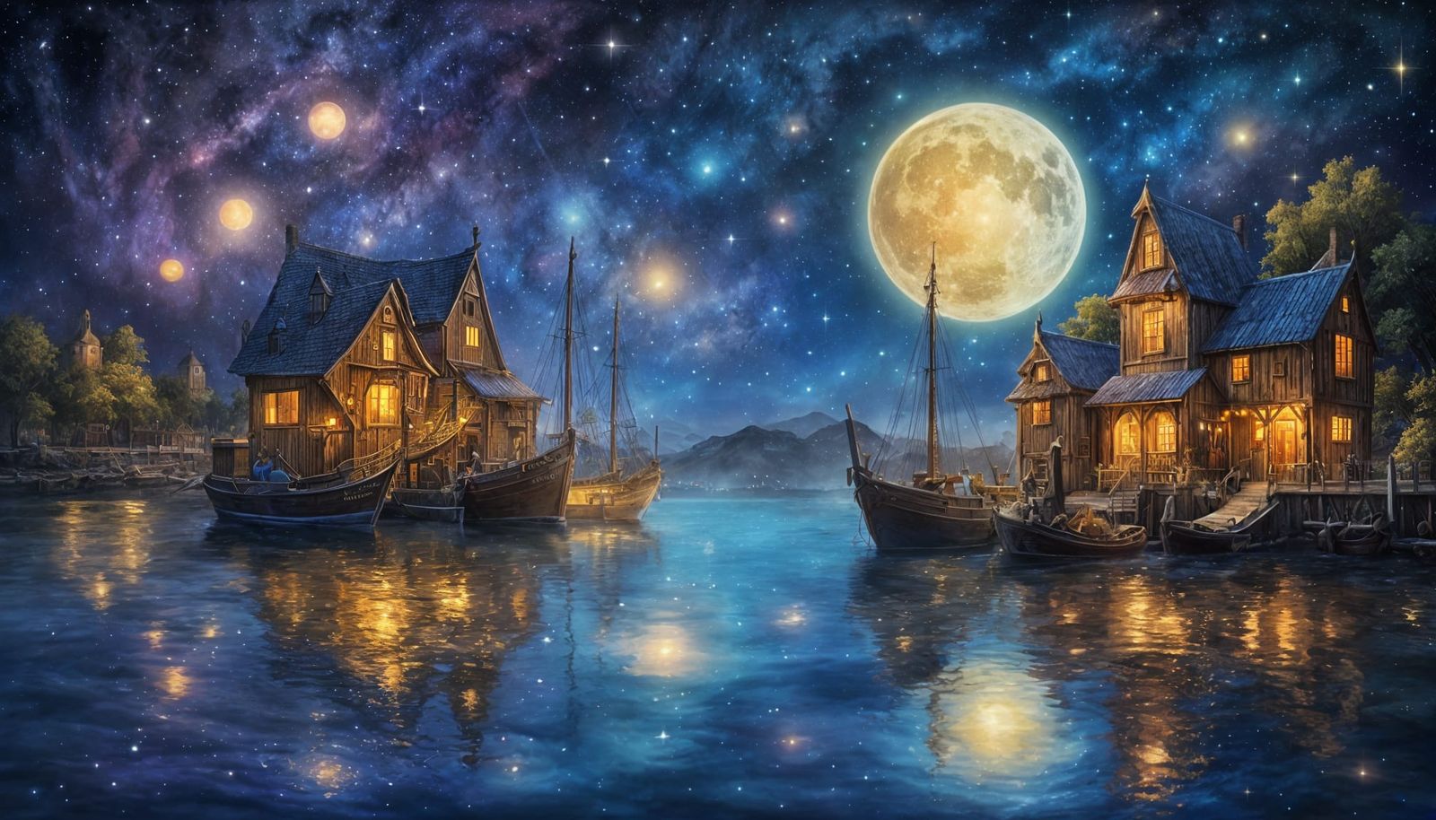 Starry Harbor City at Night: Painterly Realism