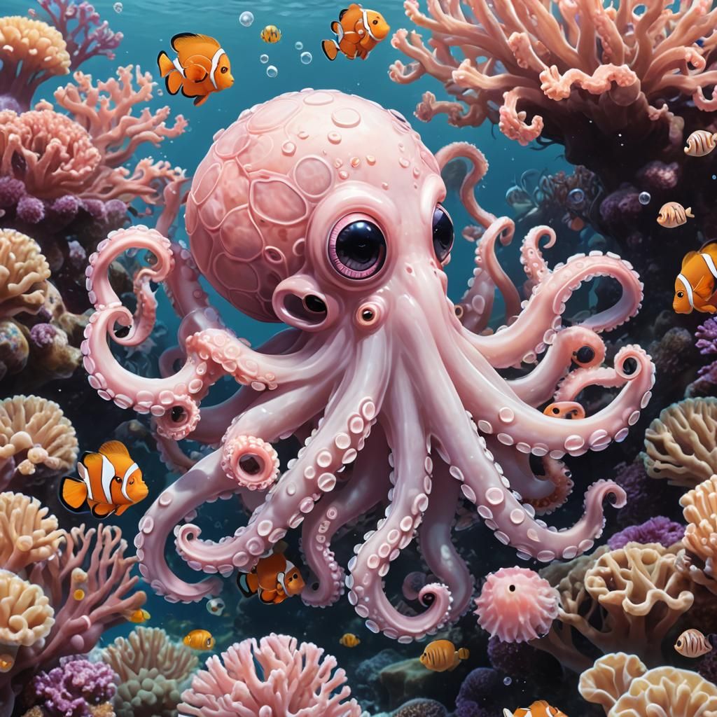 Cute Pink Octopus and Clownfish in Anime Style