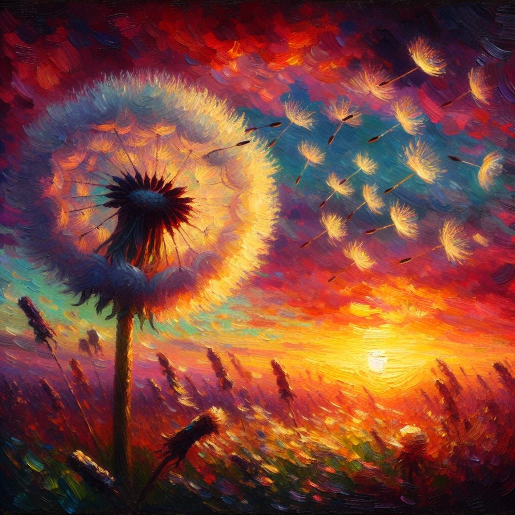 Impressionist Dandelion Silhouette in Vibrant Sunset