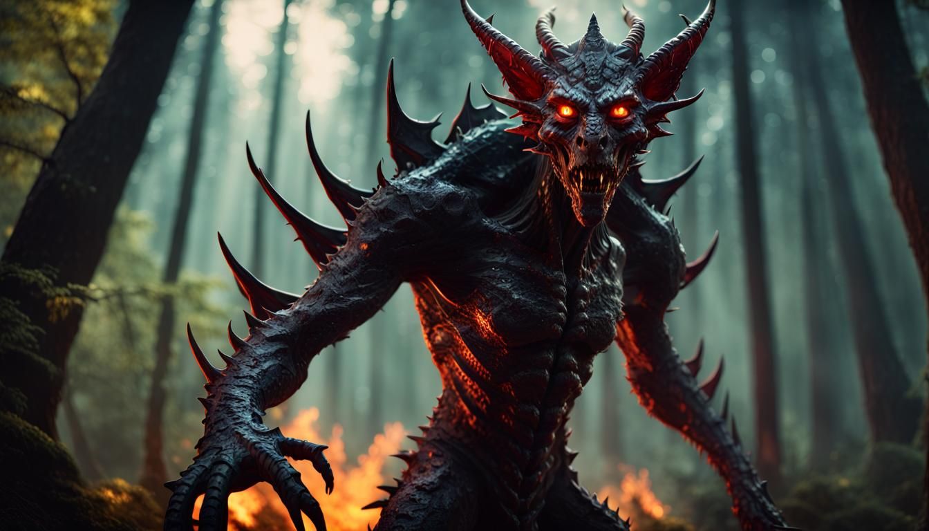 Scary Kobold Demon with Hellfire, Fantasy Art