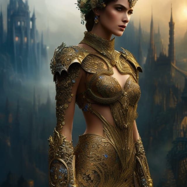 Ethereal Woman in Intricate Armor, Art Nouveau Style