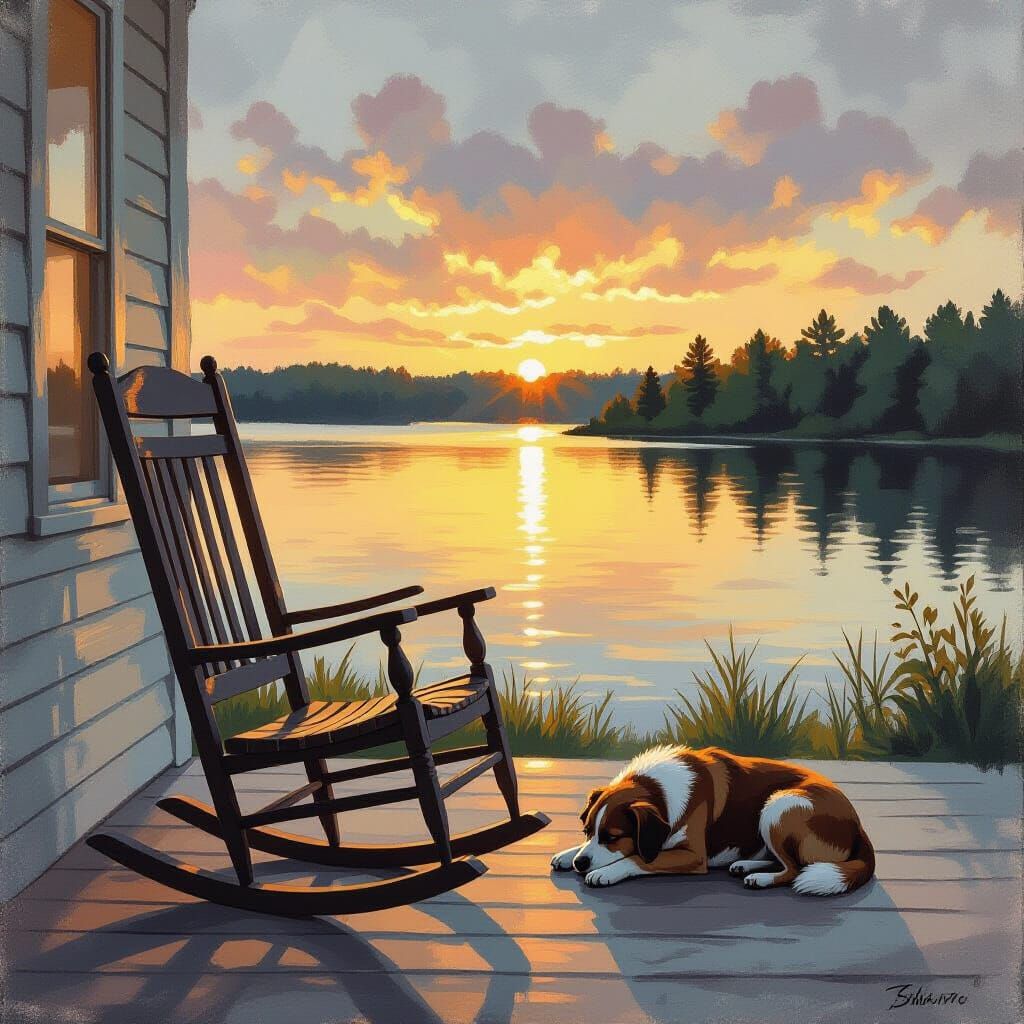 Empty Rocking Chair at Dusk: Watercolor and Oil Painting