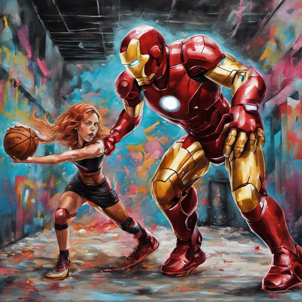 Ironman and Black Widow Play Basketball in Graffiti Art