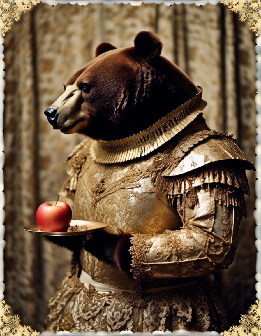 Obese Bear in Victorian Armor Eats Apple