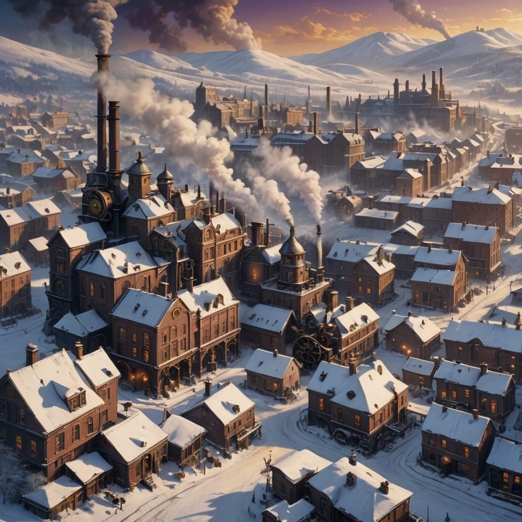 Victorian Industrial Town in Winter Landscape