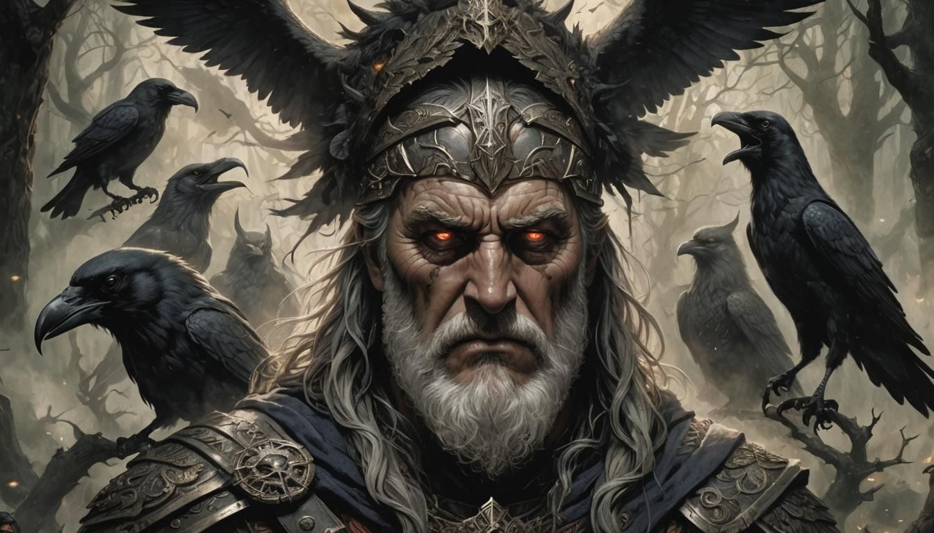 Odin Surrounded by Mystical Ravens in Comic Art Style
