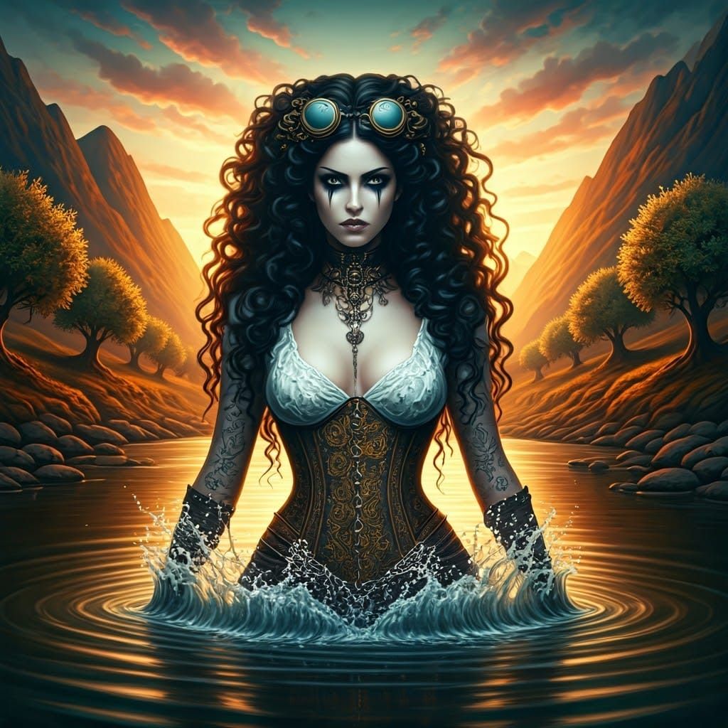 Steampunk Goddess Amidst Olive Mountains