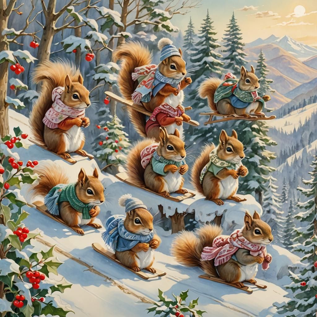 Squirrels Sledding Down Mountain in Pastel Colors