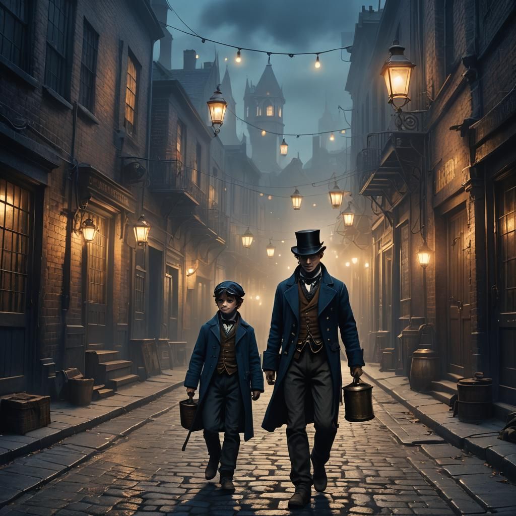 Oliver Twist in Victorian Steampunk Alleyway