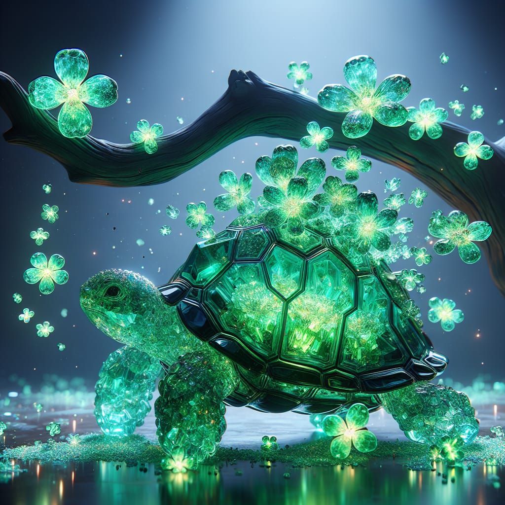 Bioluminescent Jade Turtle Sculpture in a Forest