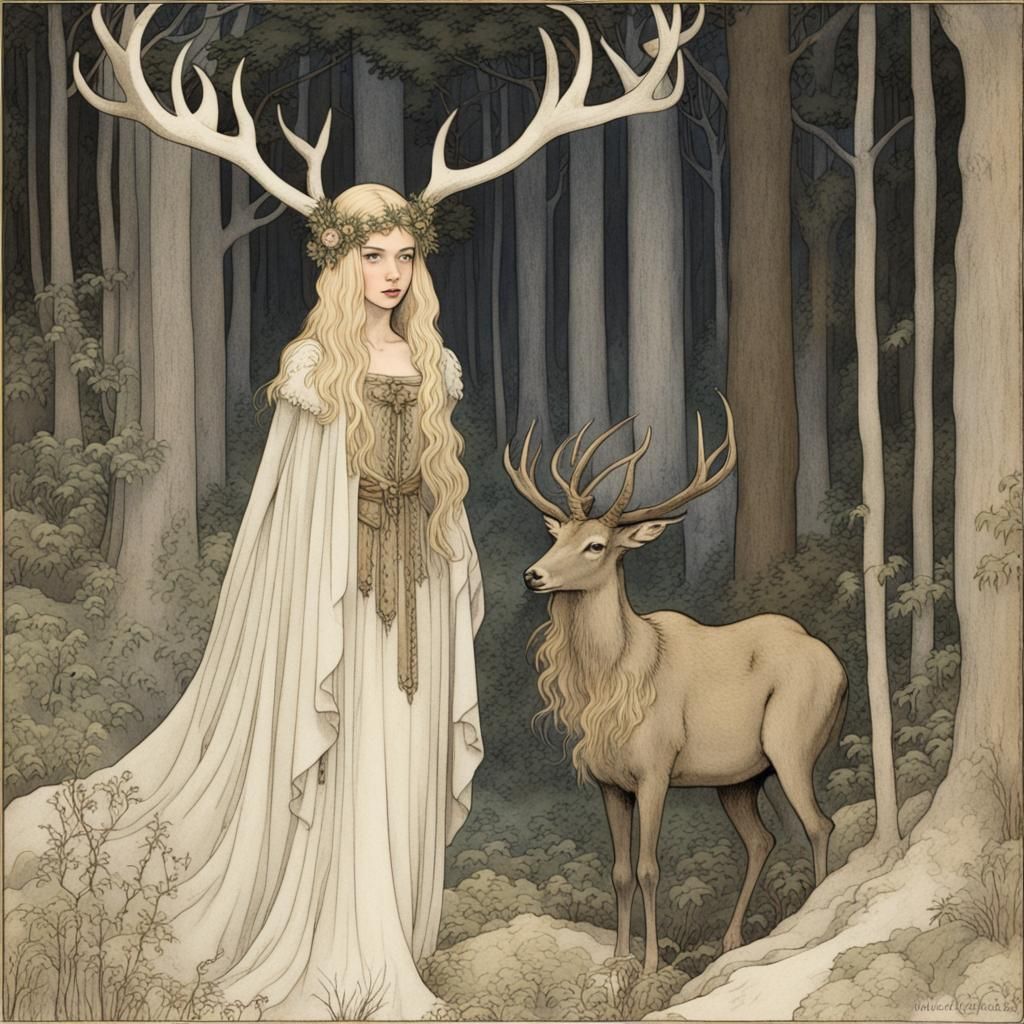 Girl with Stag Antlers in Enchanted Woods