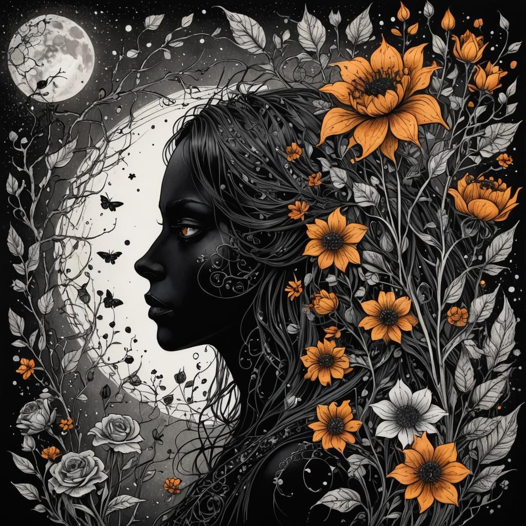 Gothic Death Surrounded by Flowers, Pen Line Art