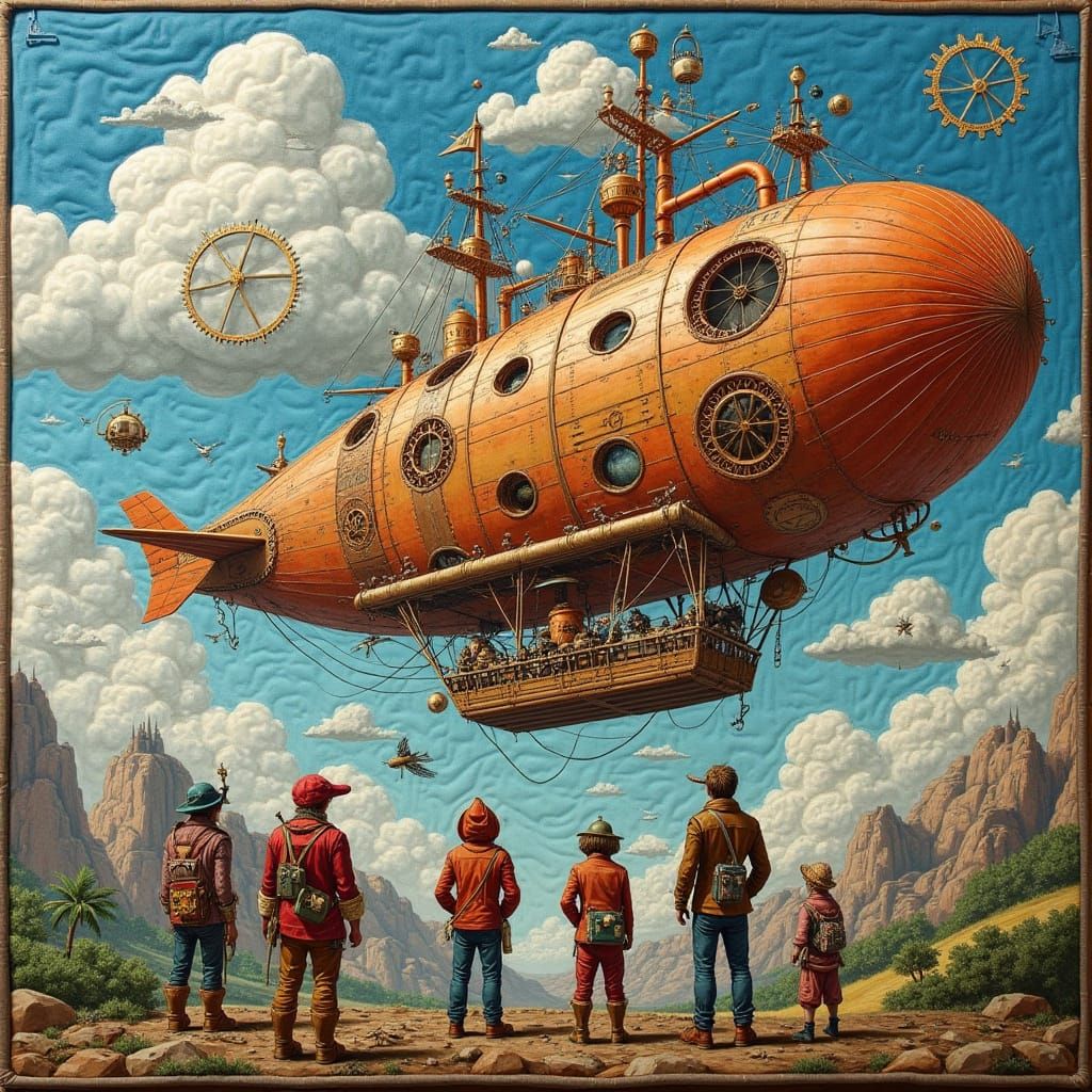 Steampunk Airship Adventure in Hand-Stitched Quilt