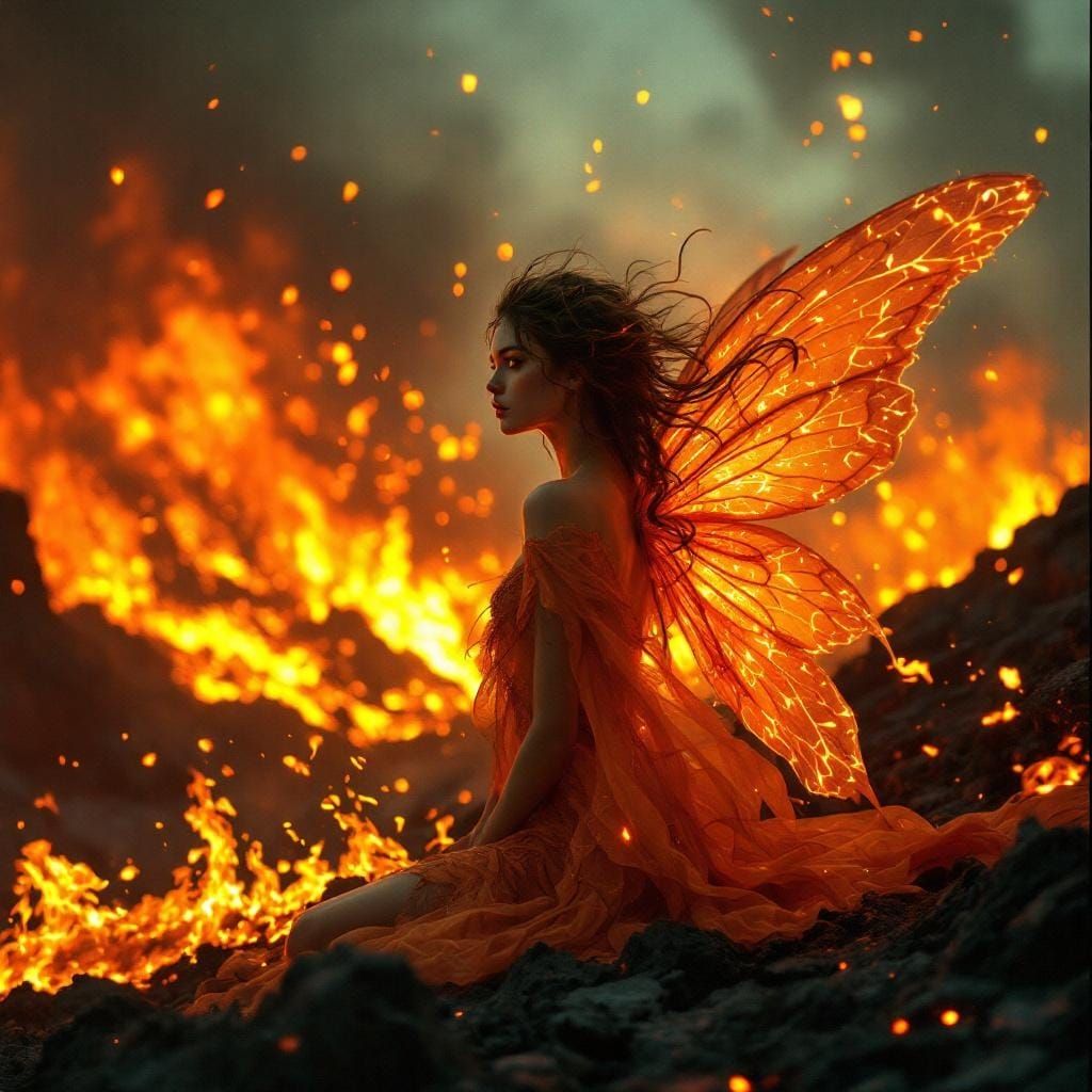 Fiery Fairy in Volcanic Eruption, Cinematic Style