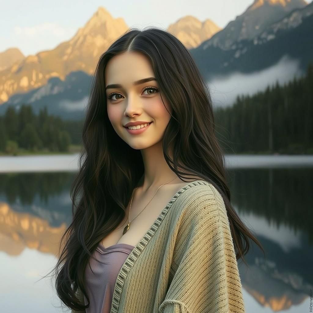 Woman with Freckles Smiling by Lake: Splash Art