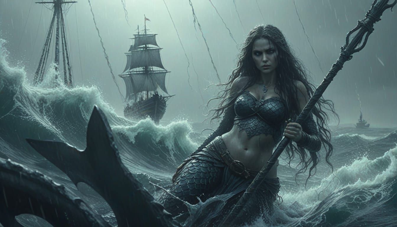 Dark Fantasy Mermaid Warrior on Ship