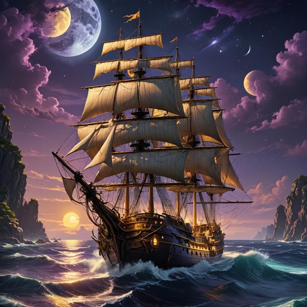 Moonlit Sailing Ship: Dark Fantasy Masterpiece